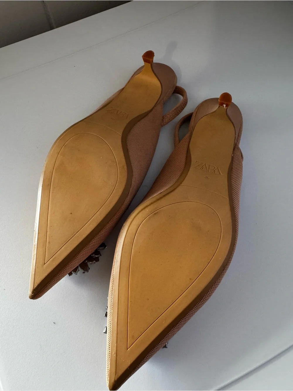 Zara Embellished Slingback with kitten heels in Tan